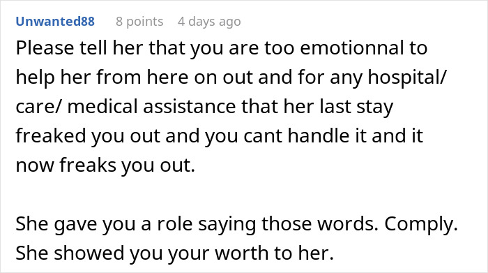 Captura de pantalla de un comentario de Reddit que analiza los límites emocionales y el cuidado, destacando los esfuerzos no reconocidos de su hija.