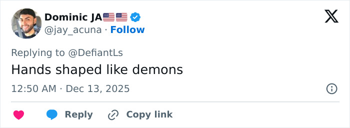 Tweet de Dominic JA respondiendo Manos con forma de demonios, haciendo referencia a las manos extrañamente grandes de Cynthia Erivo, lo que generó un debate.
