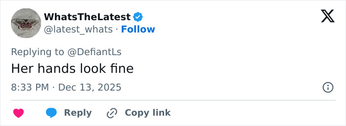 Captura de pantalla de una respuesta de Twitter que afirma que sus manos se ven bien, lo que generó un debate sobre las manos extrañamente grandes de Cynthia Erivo.