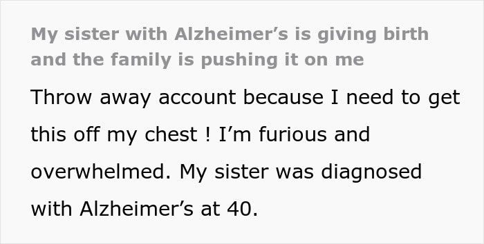 Extracto de texto sobre una mujer sin hijos abrumada por la presión familiar de cuidar al bebé de su hermana a pesar de rechazar la responsabilidad.