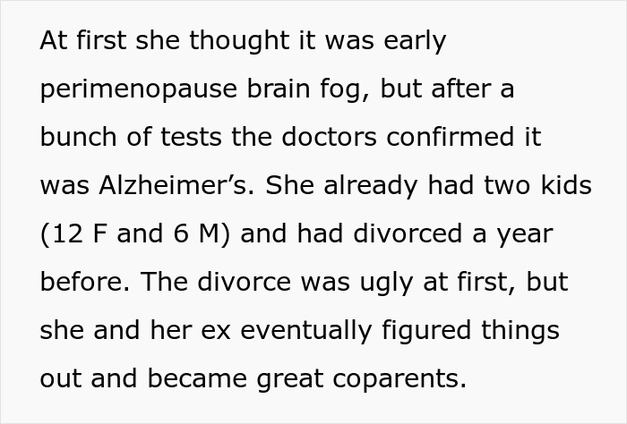 Pasaje de texto que describe el diagnóstico de Alzheimer de una mujer, sus dos hijos y su experiencia con el divorcio y la paternidad compartida.