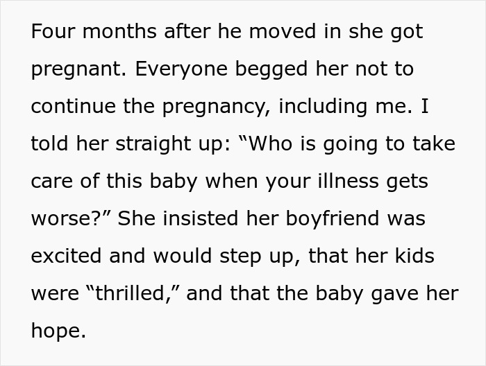 Extracto de texto que muestra a una mujer sin hijos que se niega a asumir la responsabilidad del nuevo bebé de su hermana a pesar de preocuparse por la enfermedad y el cuidado.