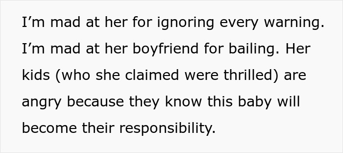 Texto sobre una mujer sin hijos que se niega a asumir la responsabilidad del nuevo bebé de su hermana y las tensiones familiares.