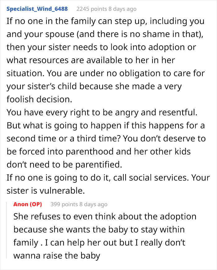 Conversación en Reddit sobre una mujer sin hijos que rechaza la responsabilidad por el nuevo bebé de su hermana y sus preocupaciones sobre la adopción.
