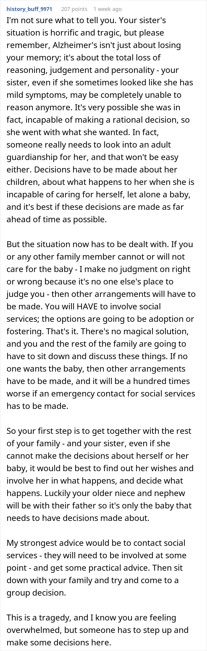 Comente sobre una mujer sin hijos que rechaza la responsabilidad por el nuevo bebé de su hermana y las decisiones familiares necesarias.