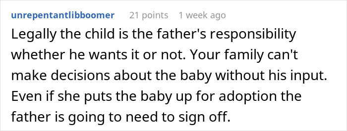 Comentario sobre la responsabilidad legal del padre por el bebé recién nacido a pesar de los desacuerdos familiares en la historia de una mujer sin hijos