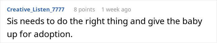 Comente un texto sobre un fondo blanco sobre una mujer sin hijos que rechaza la responsabilidad por el nuevo bebé de su hermana.