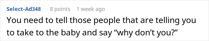 Comentario de texto en un foro sobre una mujer sin hijos que se niega a ser responsable del nuevo bebé de su hermana.