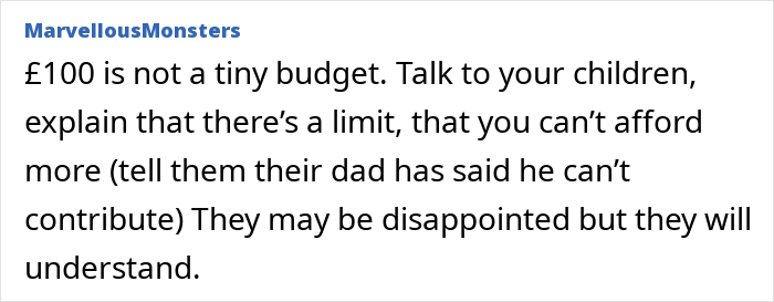 Publicación de texto de MarvellousMonsters que aconseja a los padres que expliquen los límites financieros a los niños cuando cambian las contribuciones prometidas.