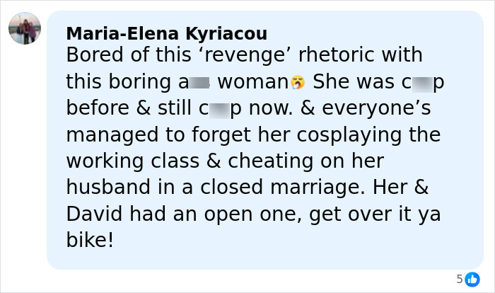 Comentario criticando la retórica de venganza y el engaño en un matrimonio en medio de continuas menciones de celebración del divorcio.