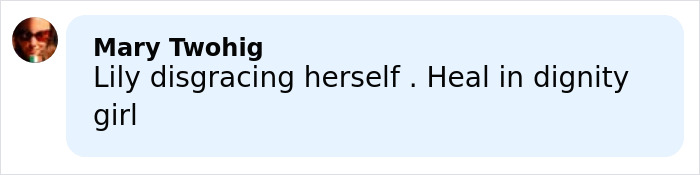 Comentario criticando a Lily Allen por su comportamiento, mencionando la desgracia y la curación con dignidad.