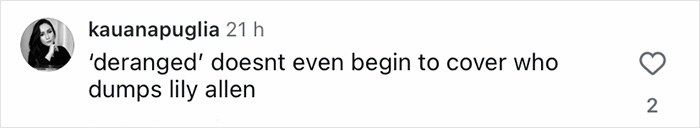 Comentario en las redes sociales que critica a Lily Allen en medio de la continua celebración del divorcio y la era de la venganza después de las noticias públicas sobre el romance.