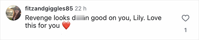 Comentario de Instagram que elogia la era de la venganza de Lily Allen, expresando amor y apoyo con un emoji de corazón.