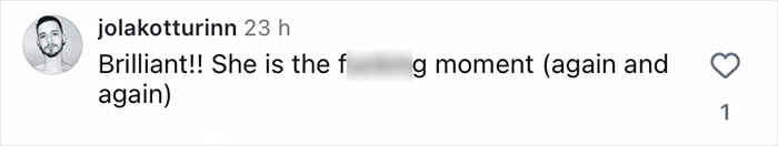 Comentario de Instagram del usuario jolakotturinn que expresa entusiasmo con una palabrota borrosa, publicado hace 23 horas.