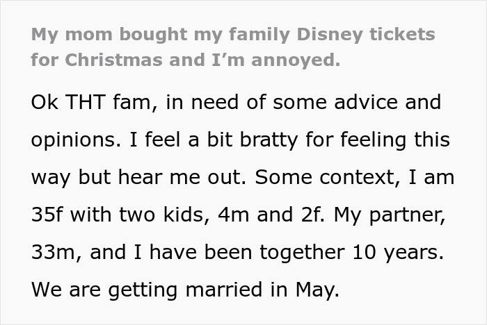 Publicación de texto que describe la frustración cuando mamá obliga a la familia a soñar con Disney con deudas crecientes y culpa por el regalo de boletos.