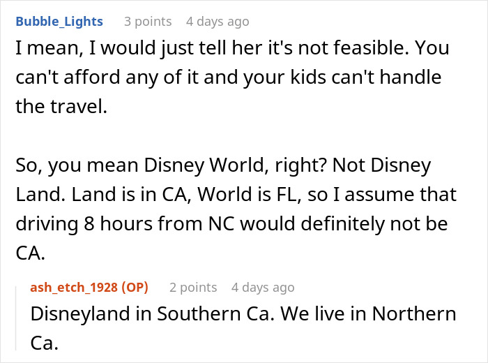 Discusión sobre una madre que se vio obligada a cumplir su sueño de Disney que involucra deudas y culpa, compartida en una conversación en un foro familiar.
