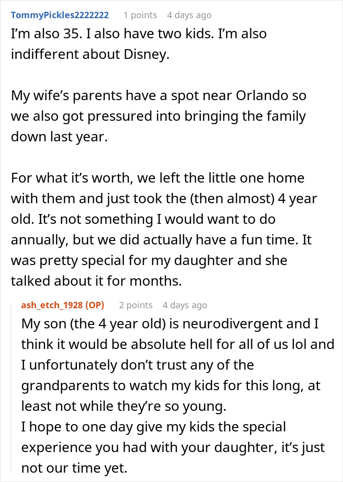 Conversación en Reddit sobre el viaje familiar a Disney, destacando la experiencia de la hija y los desafíos con las deudas y la culpa.