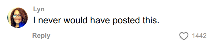Comentario de Lyn que afirma que nunca habría publicado esto, con 1442 me gusta, sobre la reacción ingrata a los regalos de Angel Tree.