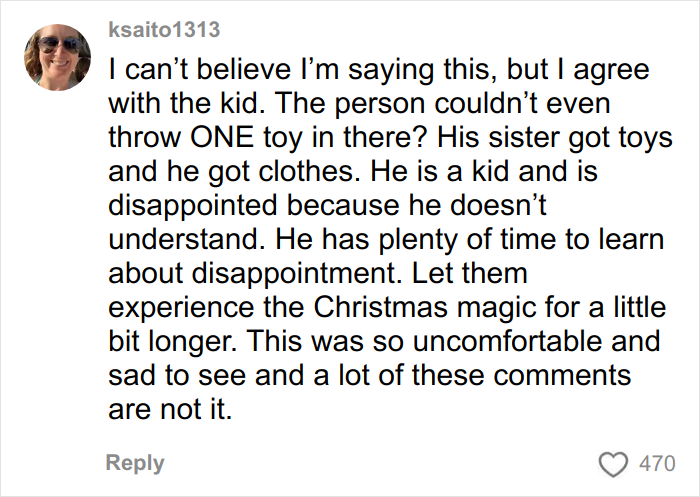 Captura de pantalla de un comentario en las redes sociales que analiza la reacción de un niño ante los regalos de Angel Tree y sus sentimientos de decepción.