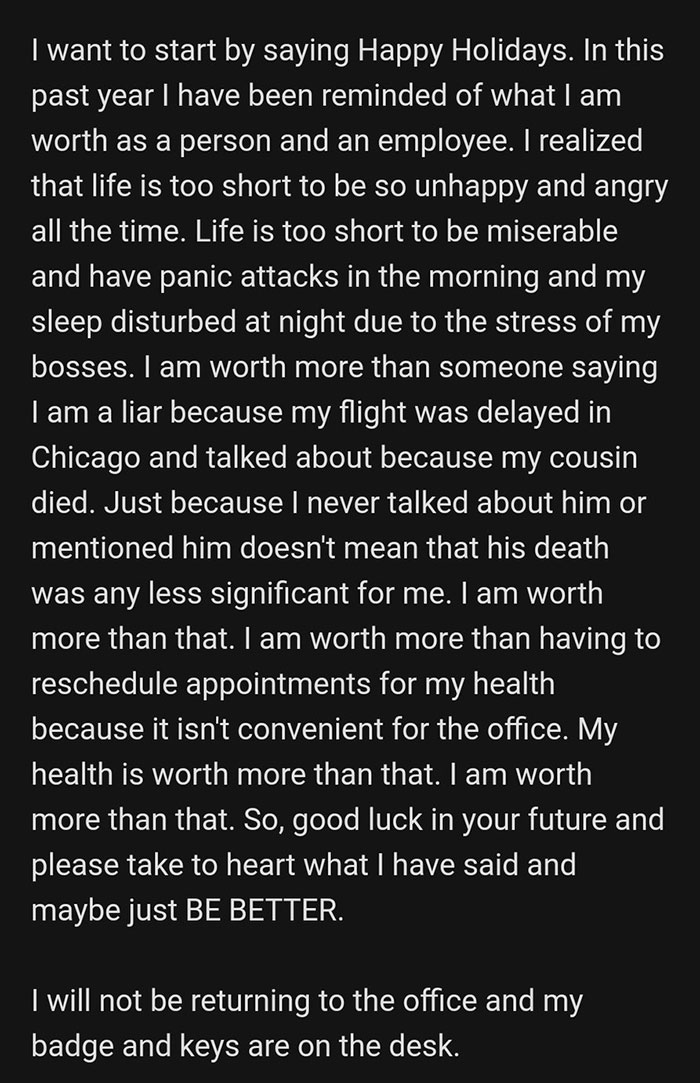 Mensaje de texto que muestra un mensaje detallado de renuncia que destaca la autoestima y la salud en un poderoso texto de renuncia.