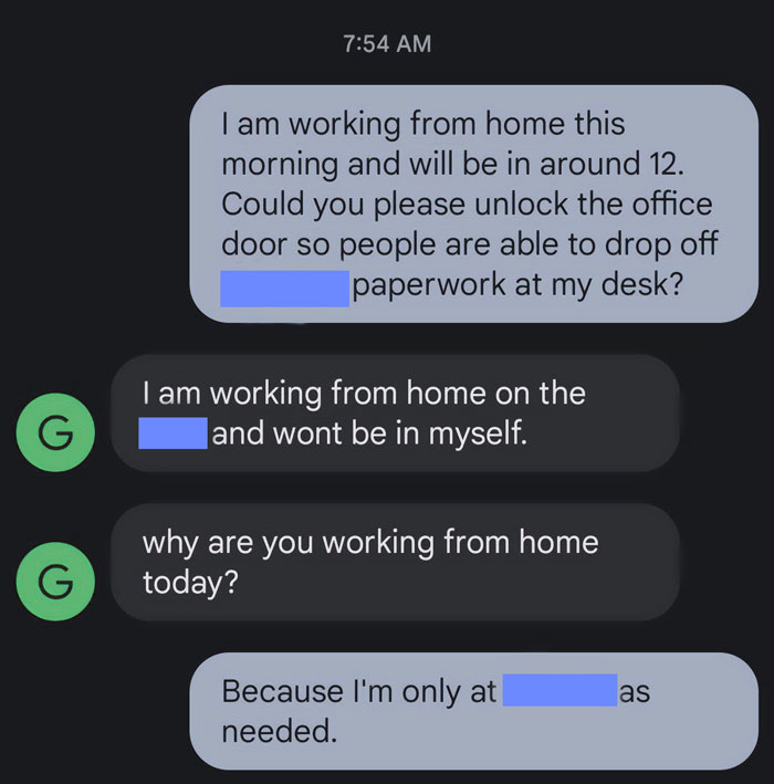 Conversación de texto que muestra un mensaje de trabajo desde casa, que ilustra los mensajes de texto de personas que dejé de fumar con motivos claros.