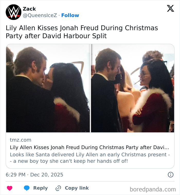 Lily Allen durante la continua celebración del divorcio, besando al heredero de 28 años en una fiesta festiva de Navidad.