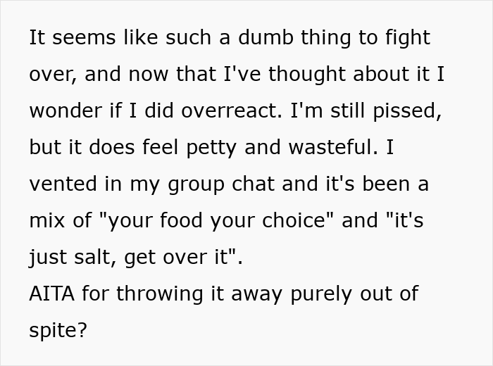 Texto que muestra a una persona reflexionando sobre la pequeña pelea por salar la olla de chile y preguntándose si reaccionaron exageradamente.