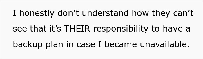 Texto que expresa frustración porque otros no ven su responsabilidad de crear un plan de respaldo cuando cuidan a los hijos de su hermana para jugar hockey.