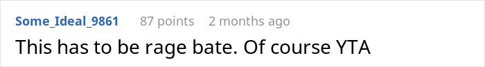 Texto del comentario del foro mostrado sobre un fondo blanco, discutiendo un desacuerdo con la declaración Esto tiene que ser furioso. Por supuesto YTA. Cuidar a los niños de la hermana tema de hockey.