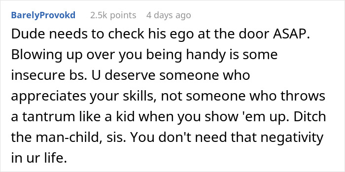 Comente sobre una mujer dispuesta a dejar a su novio porque él se siente castrado cuando ella arregla las cosas.