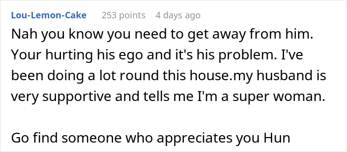 Captura de pantalla de un comentario en línea sobre una mujer dispuesta a dejar a su novio que se siente castrado cuando arregla las cosas.