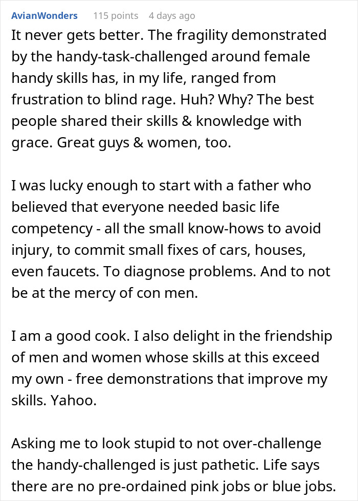 Publicación de texto que analiza la frustración cuando un novio se siente castrado cuando una mujer arregla las cosas, destacando el género y las habilidades.