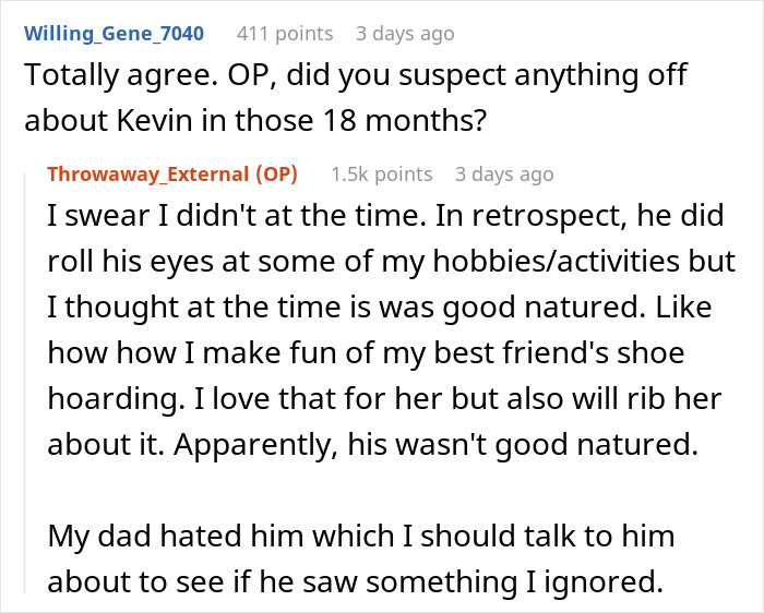 Captura de pantalla de Reddit de una mujer que dice que extrañaba las señales de alerta de su novio durante 18 meses en un hilo de comentarios