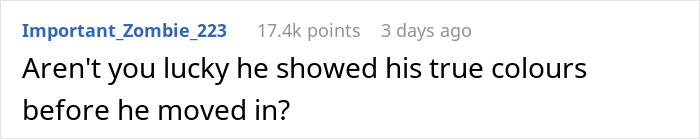 Captura de pantalla del comentario de Reddit en un hilo de banderas rojas: ¿No tienes suerte de que haya mostrado sus verdaderos colores antes de mudarse?