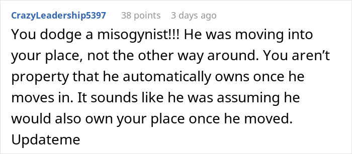 Captura de pantalla del comentario de Reddit que advierte sobre las señales de alerta de un socio, texto negro sobre fondo blanco con nombre de usuario