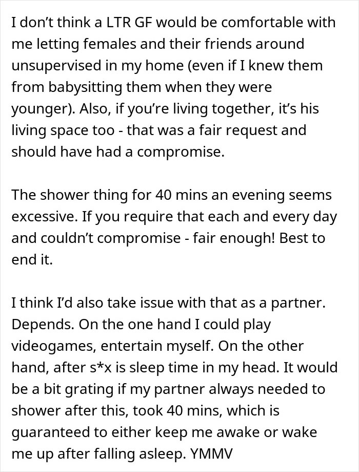 Captura de pantalla de comentarios de texto sobre problemas de relación y señales de alerta como duchas prolongadas, límites y convivencia.