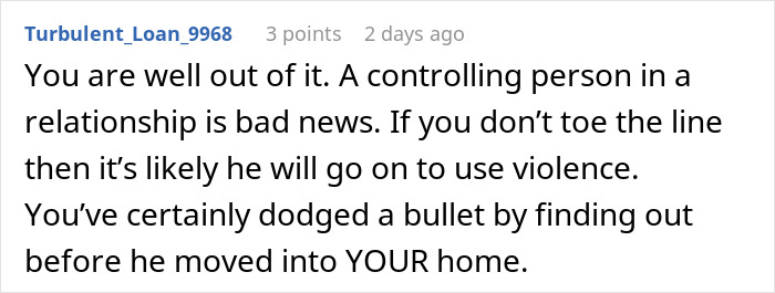 Comentario de Reddit que advierte que una mujer extraña las señales de alerta de su novio y le advierte que evitó a una pareja controladora