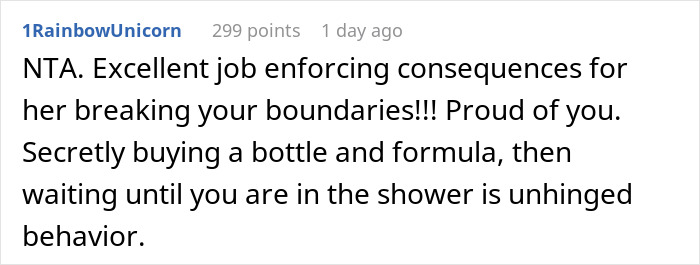 Comentario de Reddit que elogia a una madre que se marcha furiosa con su bebé después de que MIL intentó hacerse cargo de la alimentación, captura de pantalla del texto.