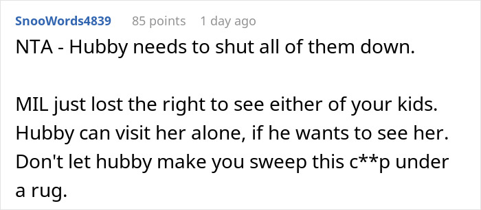 Captura de pantalla del comentario de Reddit sobre una madre que se lleva a su bebé y se marcha furiosa después de que MIL intentó hacerse cargo de la alimentación