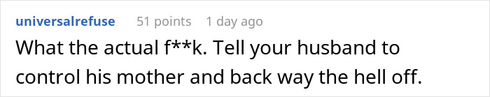Comentario de Reddit que critica a MIL, haciendo referencia a que una madre se lleva a su bebé furiosa e insta al marido a controlar a su madre.