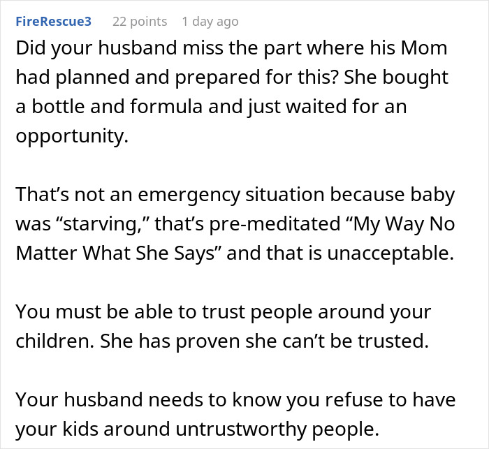 Captura de pantalla del comentario de Reddit sobre mamá hace que su bebé se enoje después de que MIL intentó hacerse cargo de la alimentación