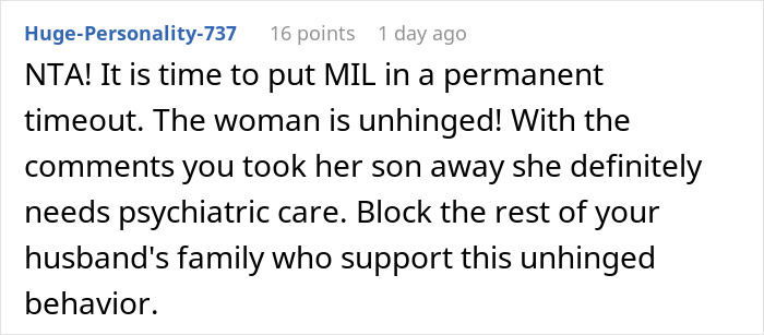 Comentario de Reddit llamando a MIL desquiciada e instando a bloquear a la familia después de que mamá se lleva a su bebé y se marcha furiosa