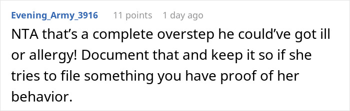 Captura de pantalla del comentario de Reddit sobre disputa por alimentación, mamá toma a su bebé y se marcha furiosa; Consejos para documentar el comportamiento.