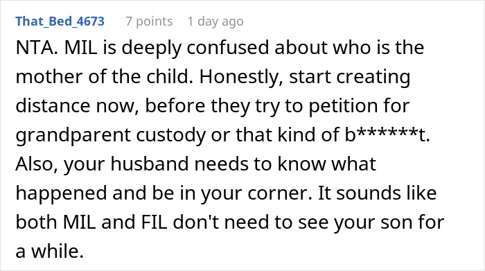 Captura de pantalla del comentario de Reddit sobre el conflicto MIL, que menciona que la madre se lleva a su bebé y se marcha furiosa después de una disputa por la alimentación.