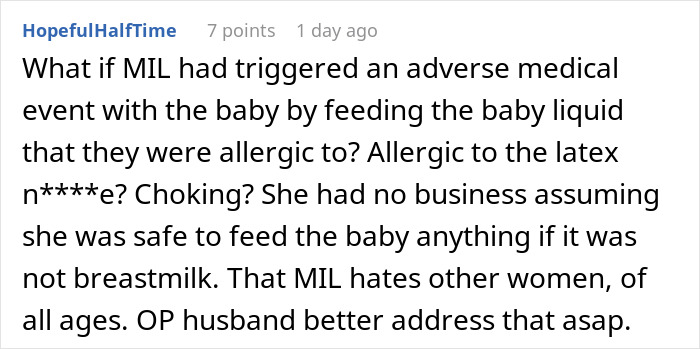 Comentario de Reddit sobre MIL alimentando al bebé, advirtiendo sobre alergias y seguridad mientras la mamá se lleva a su bebé y se marcha furiosa.