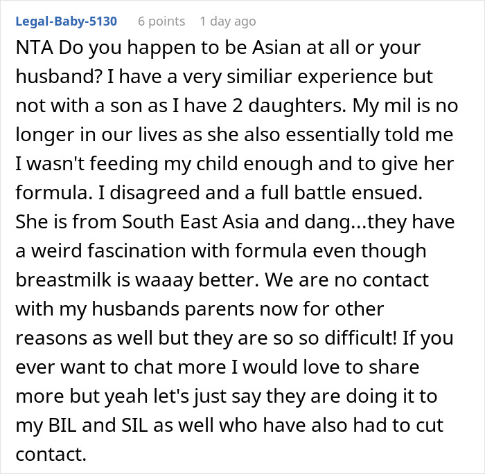 Captura de pantalla del comentario de Reddit sobre MIL empujando fórmula, mamá se lleva a su bebé y se enoja por una disputa sobre alimentación