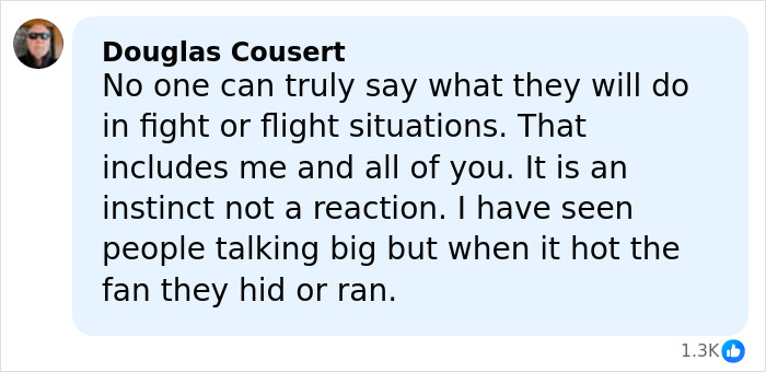Comentario de Douglas Cousert sobre el instinto humano en situaciones de lucha o huida, relacionado con el padre del agente de ICE que mató a Renee Nicole Good.