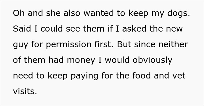 Extracto de texto de una mujer desempleada que engaña a su novio con un desempleado y le pide a su ex que financie su vida.