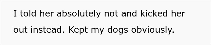 Texto que muestra un mensaje donde alguien dice que se negó, la echó y se quedó con sus perros.