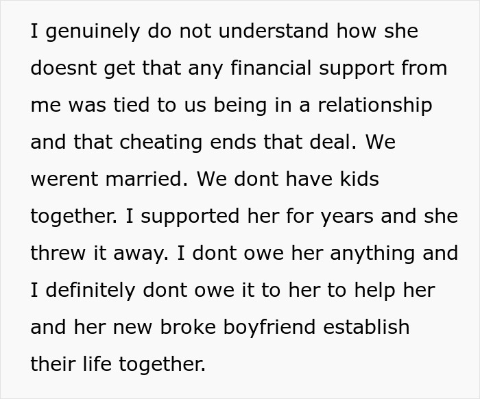 Extracto de texto sobre una mujer desempleada que engaña a su novio y le pide a su ex que financie su vida con un hombre desempleado.